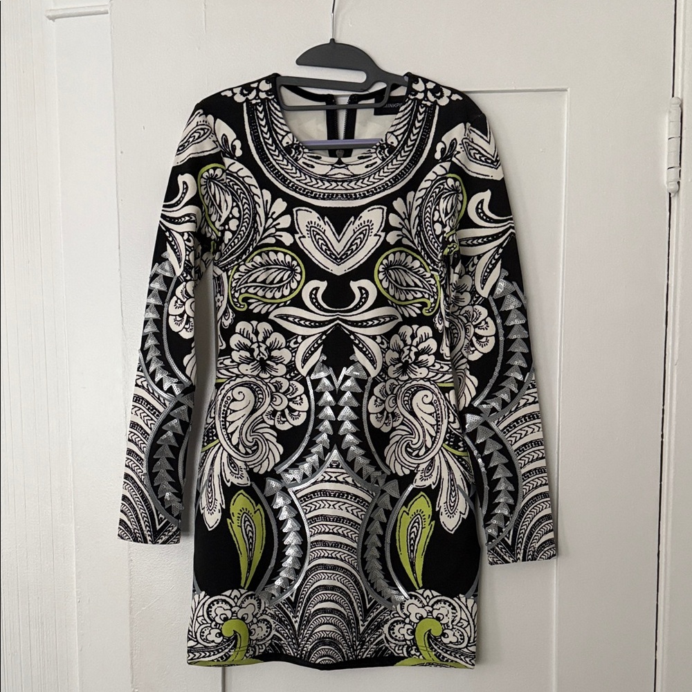 MINKPINK Black and White Paisley Dress with Green Accents